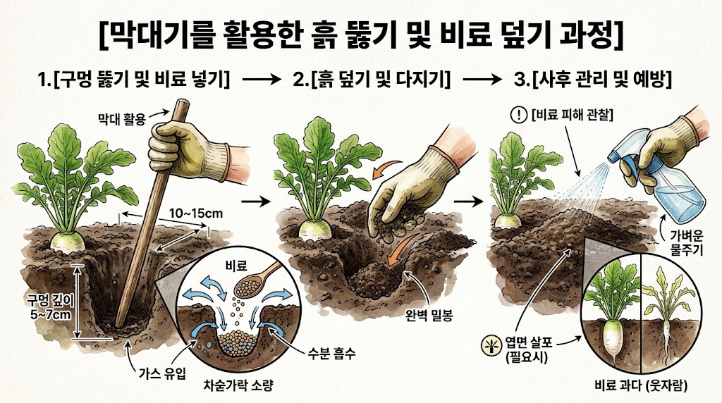 나무 막대로 무 포기 주변 흙에 구멍을 내고 비료를 넣은 뒤 손으로 흙을 지그시 눌러 덮는 단계별 삽화