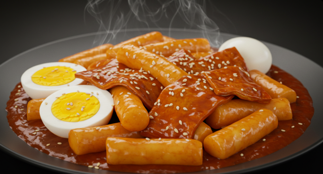 빨간 떡볶이 소스에 떡, 어묵, 삶은 계란이 먹음직스럽게 담긴 접시
