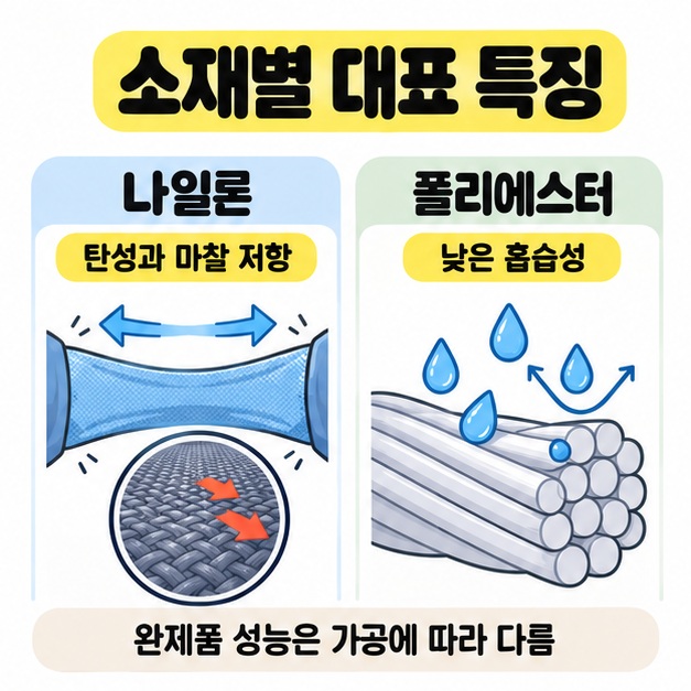 나일론의 탄성과 마찰 저항을 늘어나는 원단으로, 폴리에스터의 낮은 흡습성을 섬유와 물방울로 비교한 그림