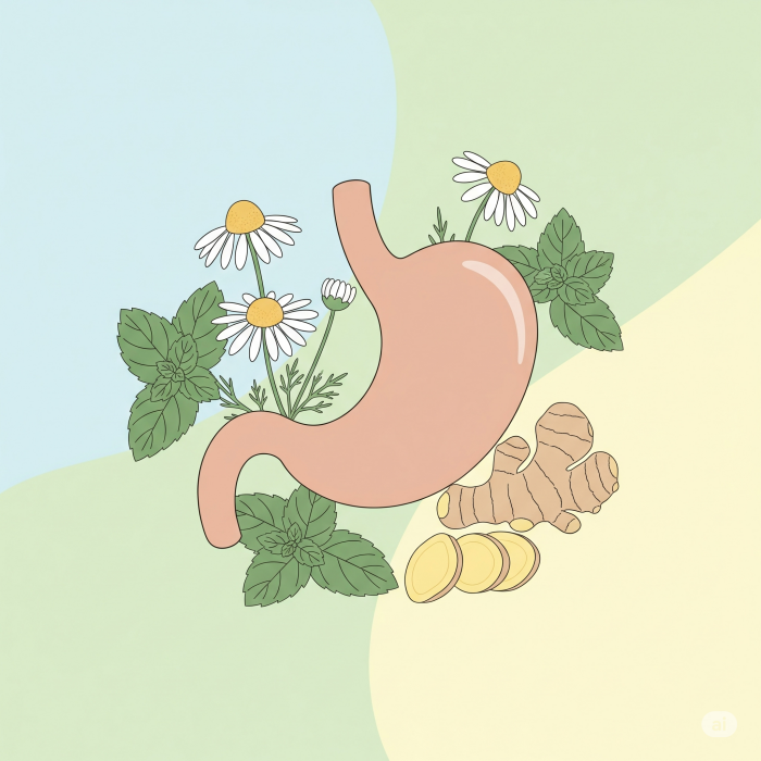 파스텔 톤 배경 중앙에 사람의 위 아이콘이 있고, 그 주위를 소화를 돕는 허브들이 부드럽게 감싸고 있는 일러스트.