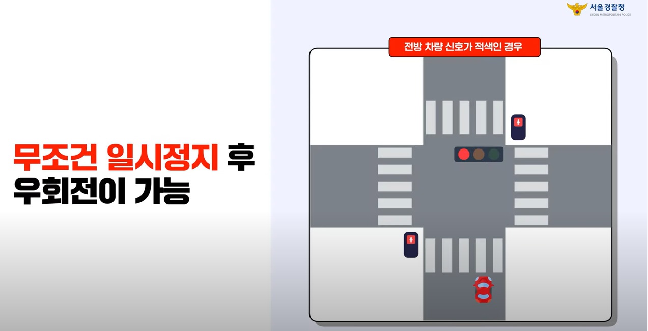전방차량신호가 적색인 경우 무조건 일시정지 후 우회전 가능