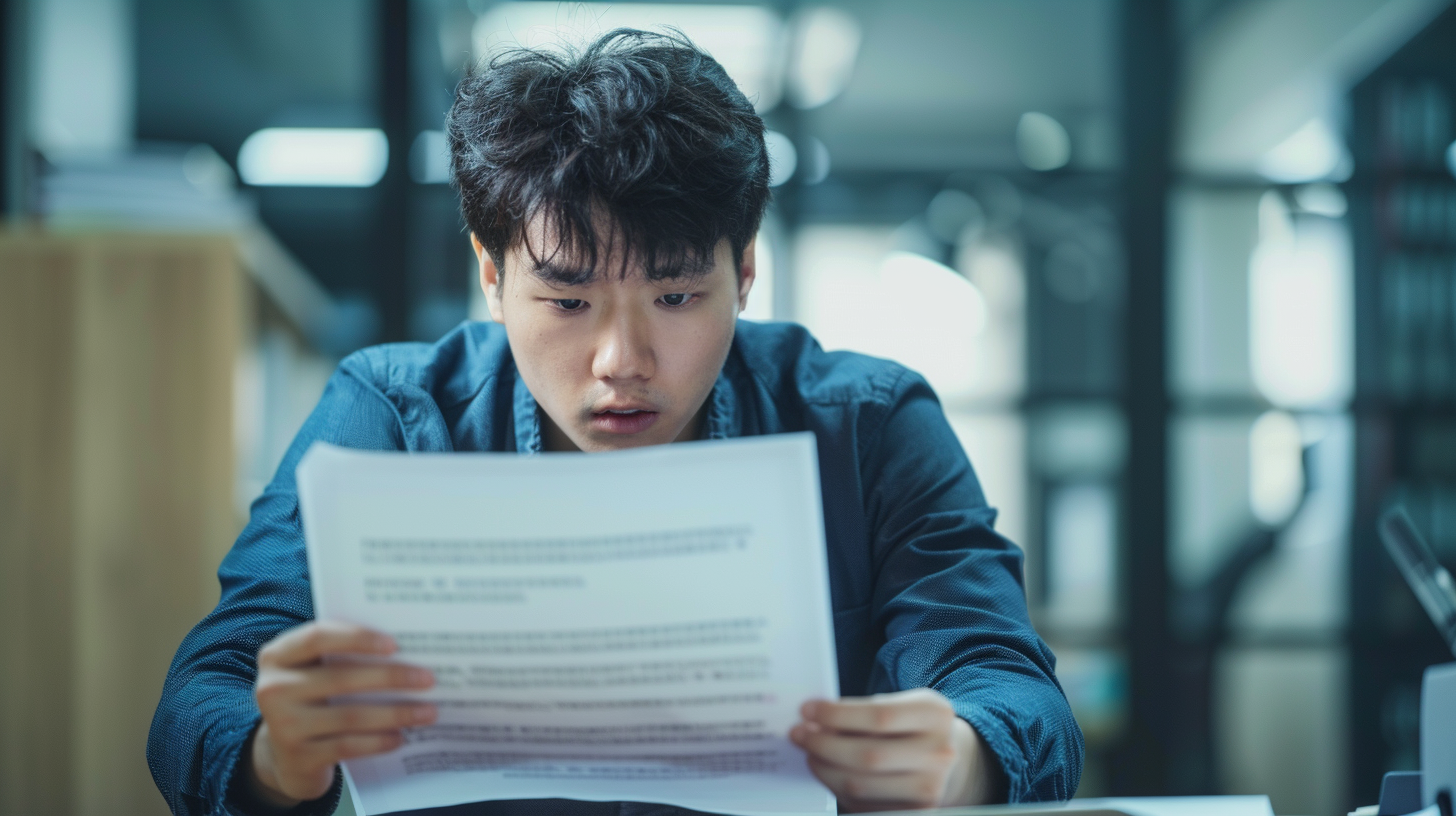 감봉 통보서를 받고 놀라는 신입사원 사진