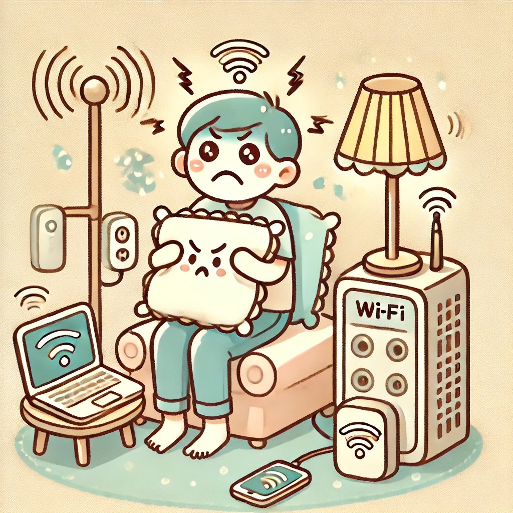 한 남자가 많은 전자기기 사이에서 인상을 쓰며 앉아 있는 일러스트