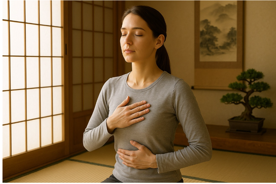 A young woman practices deep breathing in a traditional Japanese tatami room.