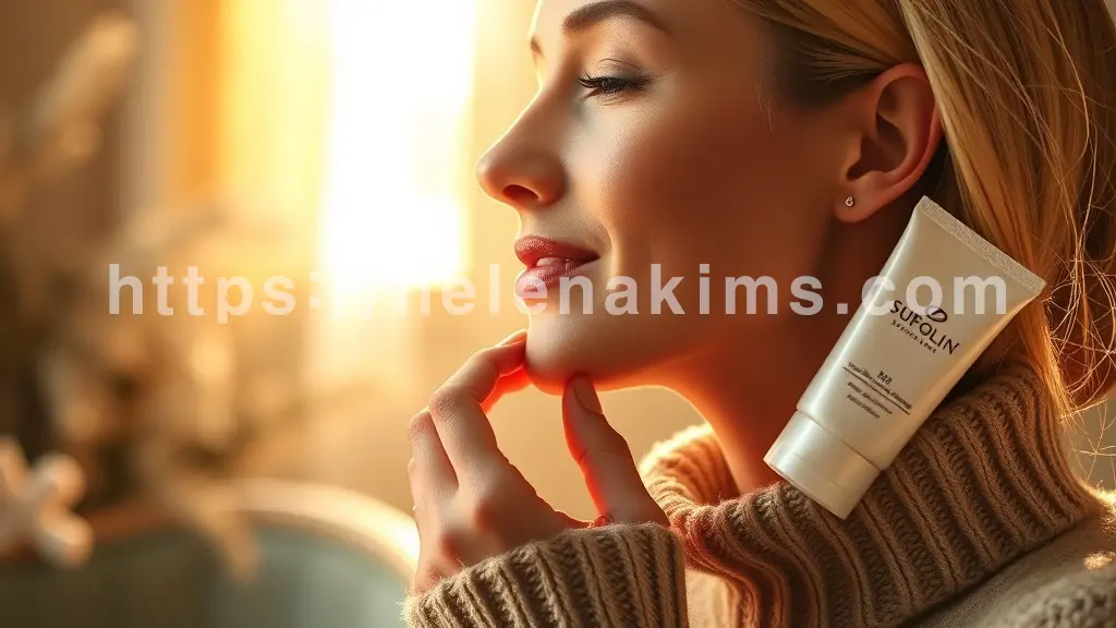 깨끗하고 건강하게 빛나는 피부를 가진 여성의 옆모습 클로즈업, 옆에는 고급 선크림이 놓여 있다.