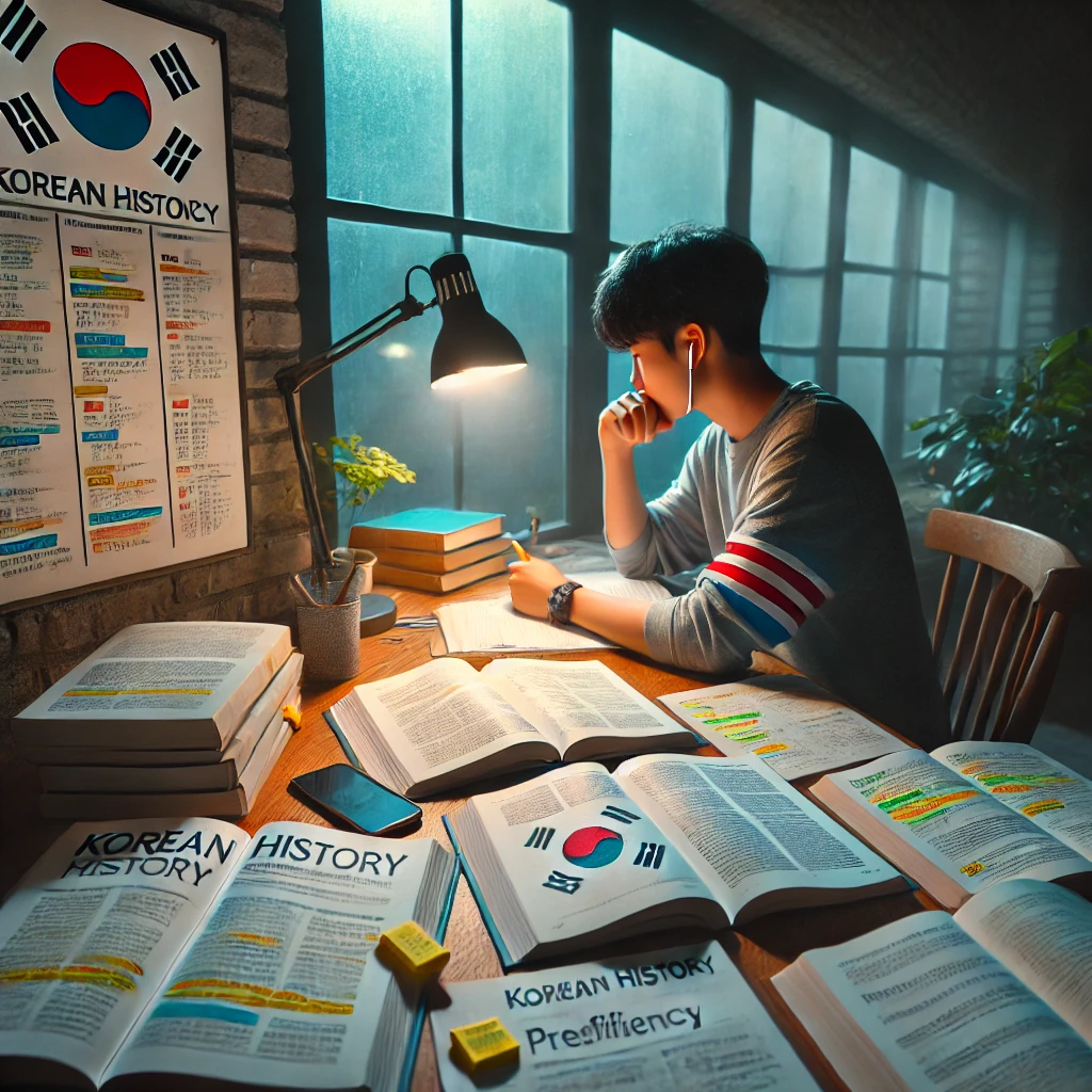 조용한 학습 공간에서 혼자 한국사 능력 검정시험의 어려운 문제를 풀며 역사 연표와 노트를 참고하는 학생