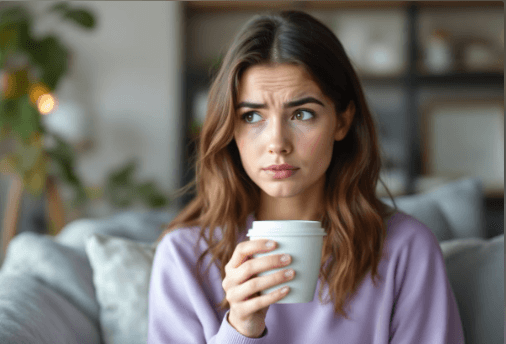 커피를 들고 건강에 고민하는 여자의 모습