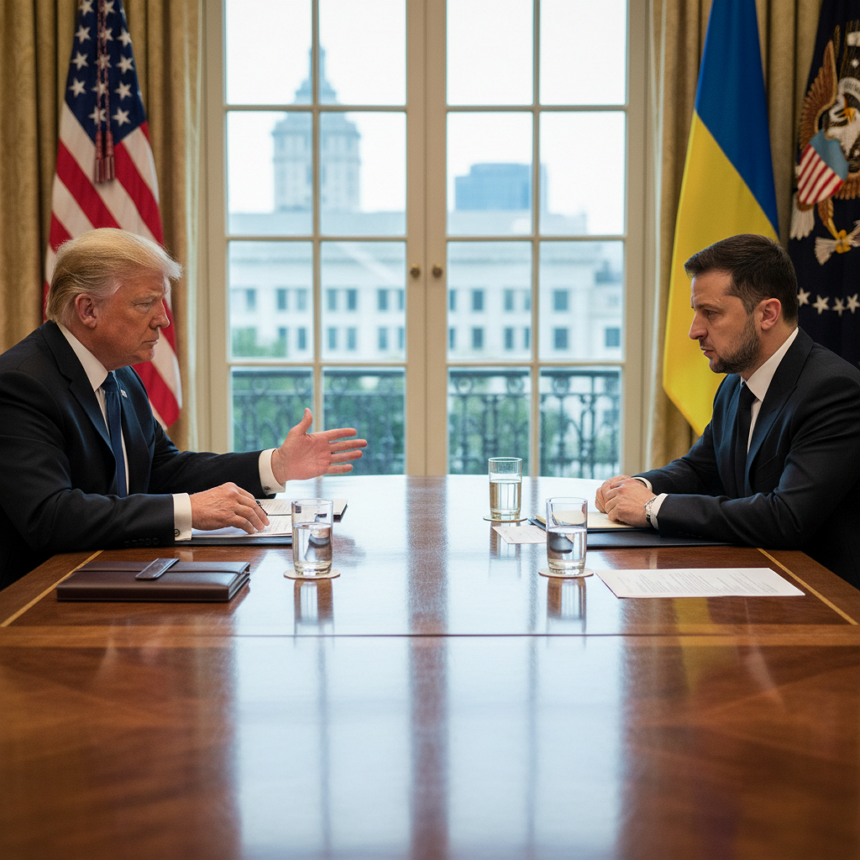 트럼프 대통령과 젤렌스키 대통령이 협상 테이블에 앉아 있는 AI 이미지