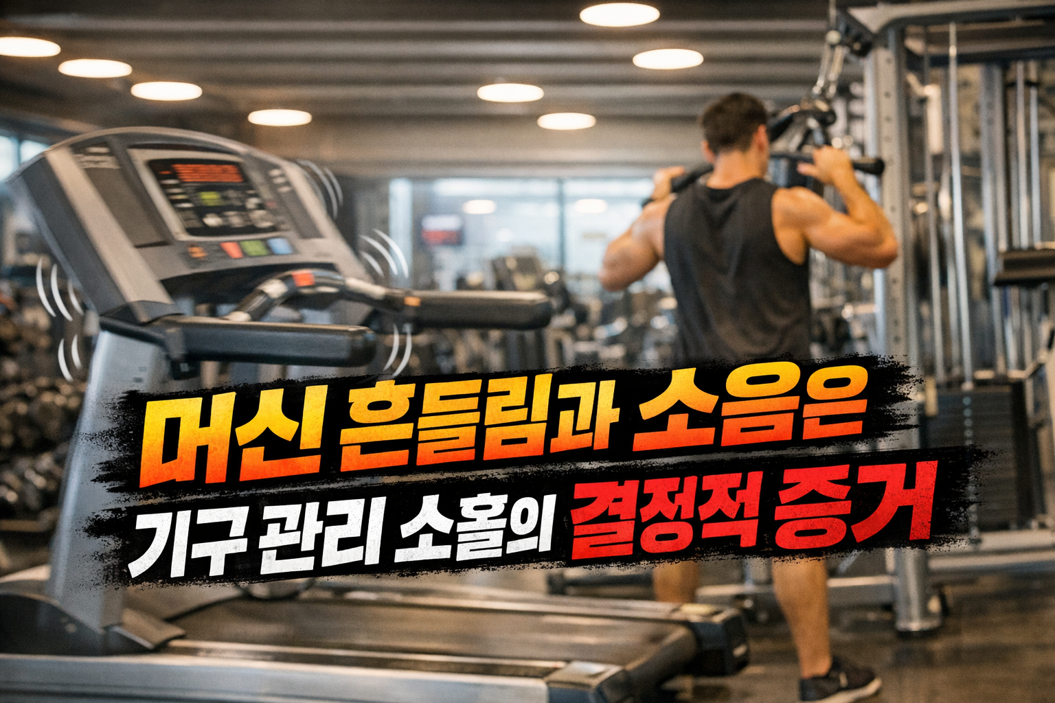 헬스장 러닝머신과 웨이트 머신 운동 장면, ‘머신 흔들림과 소음은 기구 관리 소홀의 결정적 증거’ 문구가 들어간 썸네일 이미지