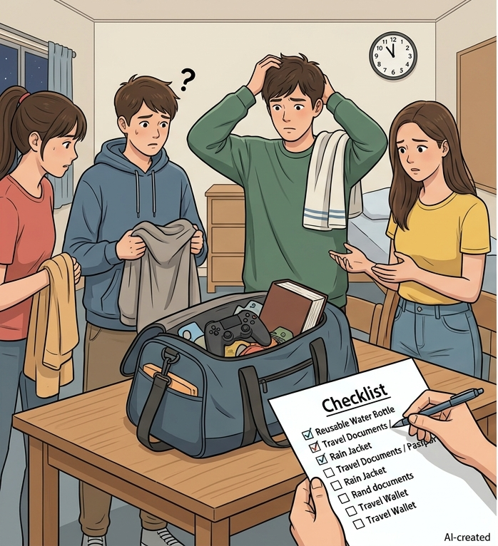 수학여행 준비물 체크를 하는 모습으로 빠뜨리면 곤란한 상황을 보여주는 장면