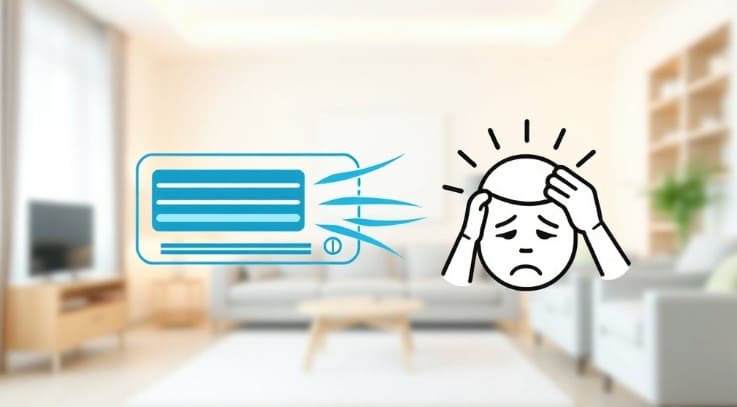 냉방 에어컨에서 바람이 나오고 있고, 두통으로 아파하는 아이콘이 있습니다.