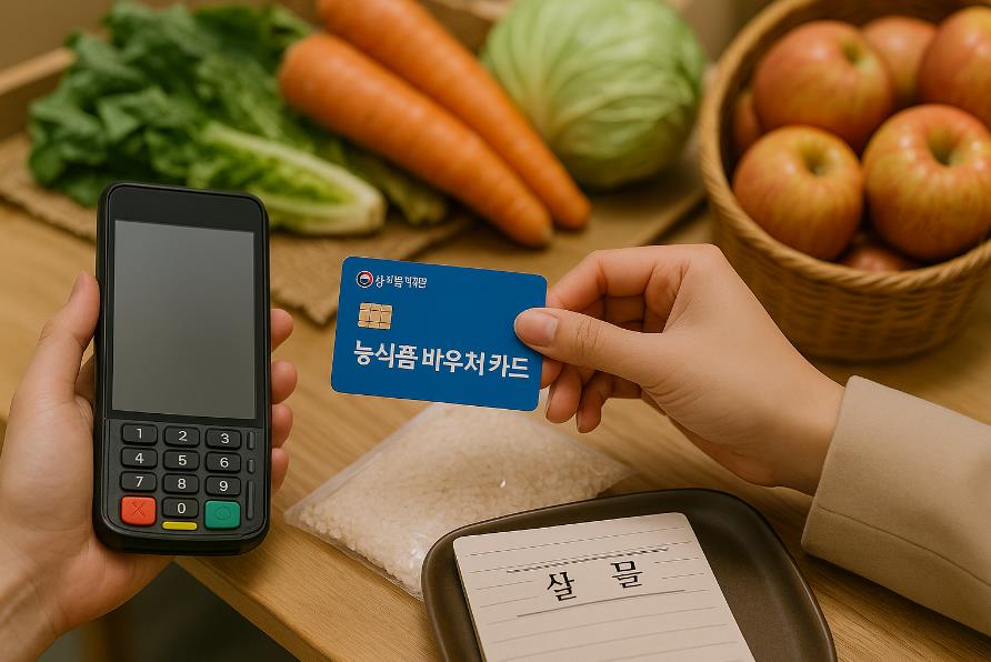 농식품 바우처 카드를 사용해 마트에서 채소와 과일을 결제하는 모습