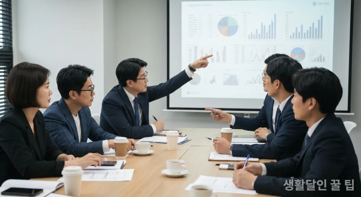 회의실에서 2026년 거시경제 환경을 분석하는 한국인 전문가들