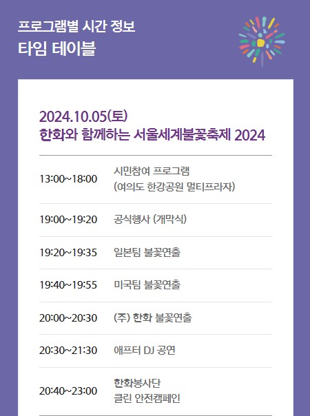 서울세계불꽃축제 타임테이블