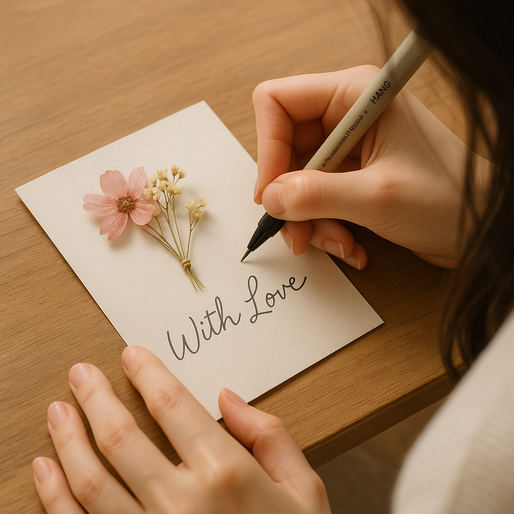 A warm moment of a woman writing a handwritten message while attaching dried flowers onto a postcard