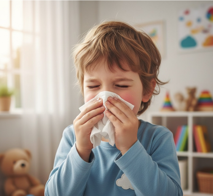 아이가 코피가 나서 코에 휴지를 대고 있는 모습
