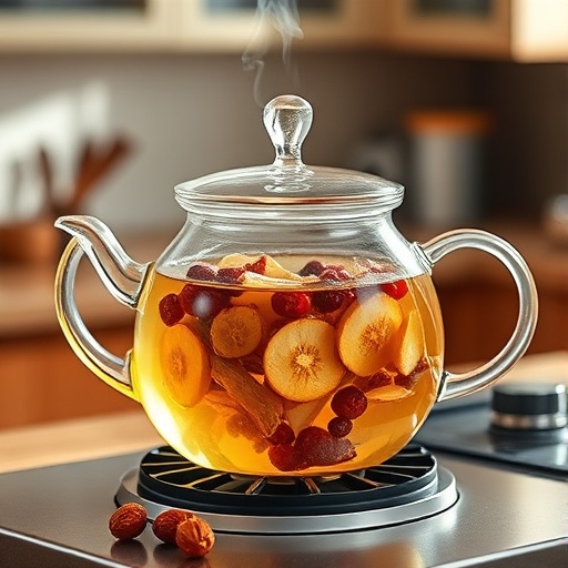 유리병에 당귀뿌리와 대추를 끓이는 모습