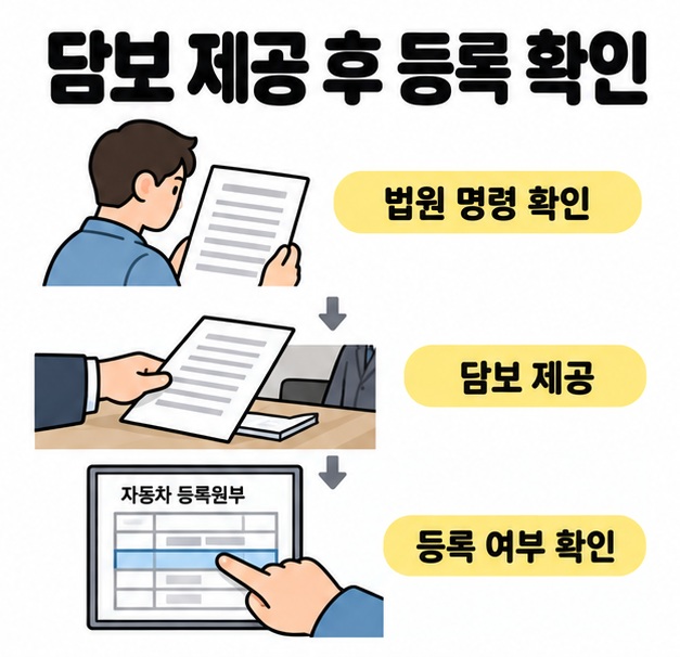 법원 명령서를 읽고 담보 제공 서류를 제출한 뒤 자동차등록원부의 기입 행을 확인하는 순서를 아래쪽 화살표로 연결한 그림
