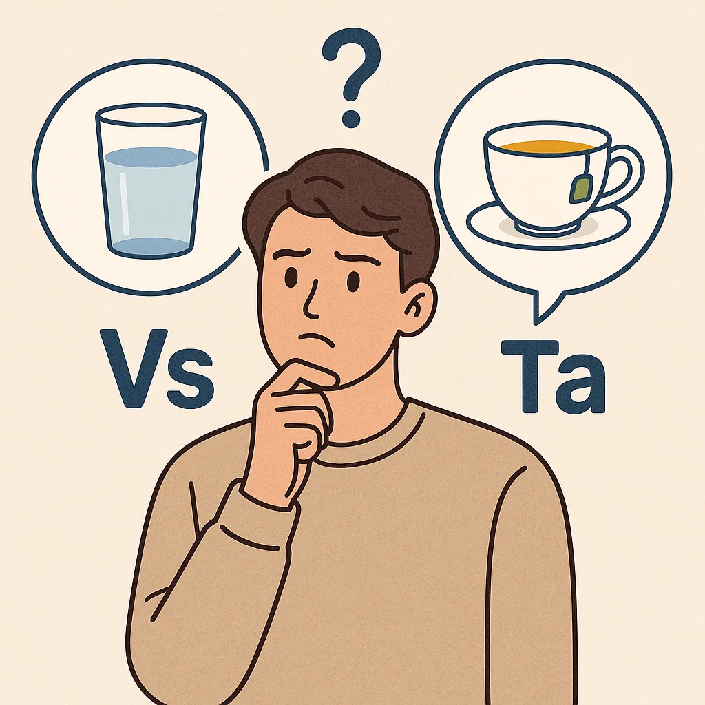 물-대신-차를-마셔도-될까를-주제로-한-일러스트로,-남성이-물과-차를-놓고-고민하는-모습이-묘사되어,-수분-섭취와-카페인-균형에-대한-건강한-선택을-상징함.