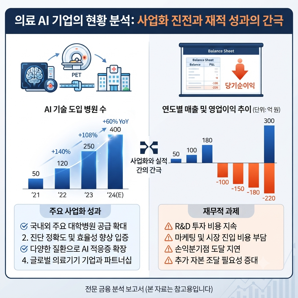 뉴로핏의 의료AI 사업화 확대와 적자 지속 사이의 차이를 보여주는 투자 분석 인포그래픽