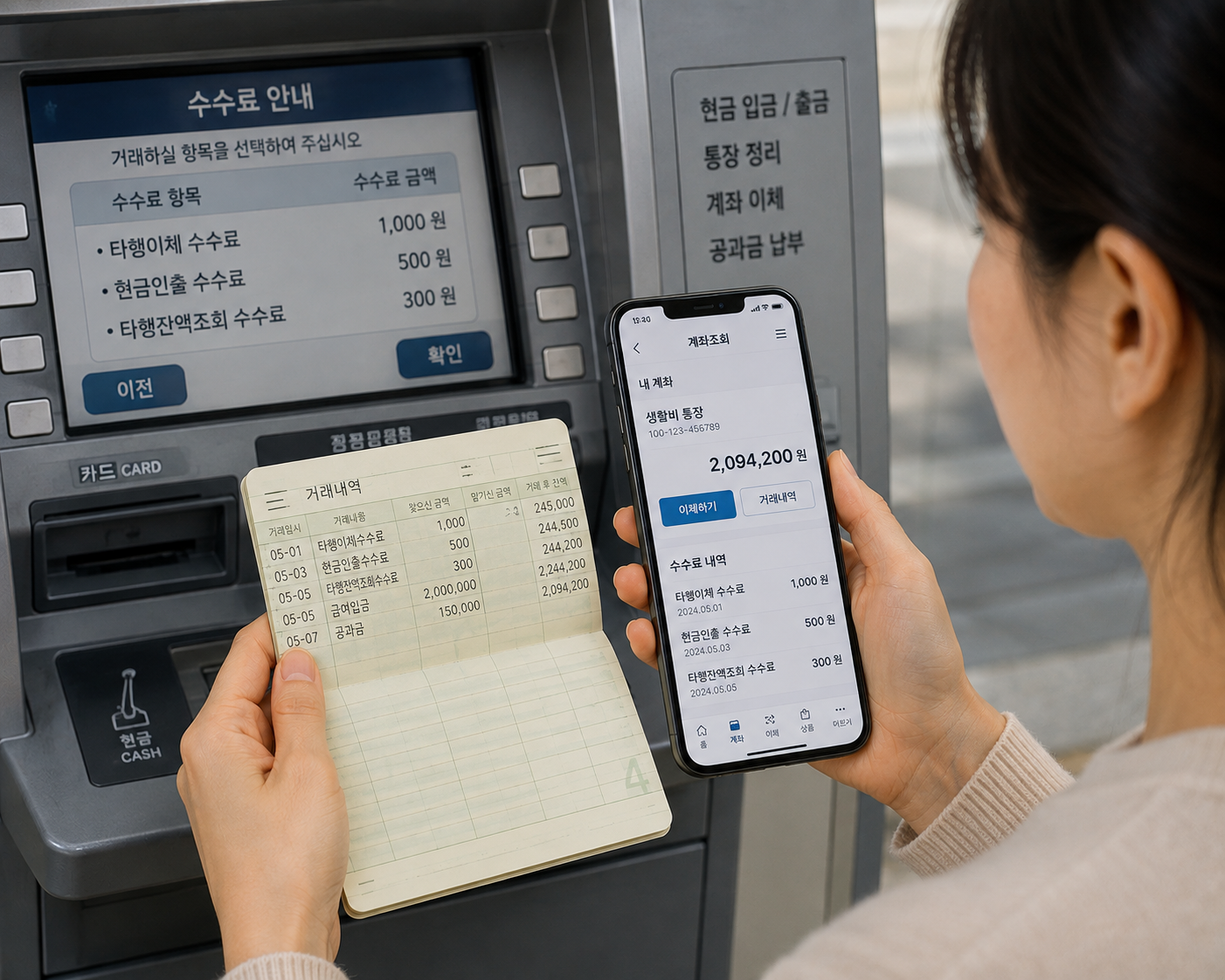 ATM 화면과 통장, 스마트폰 뱅킹 앱을 함께 확인하는 모습