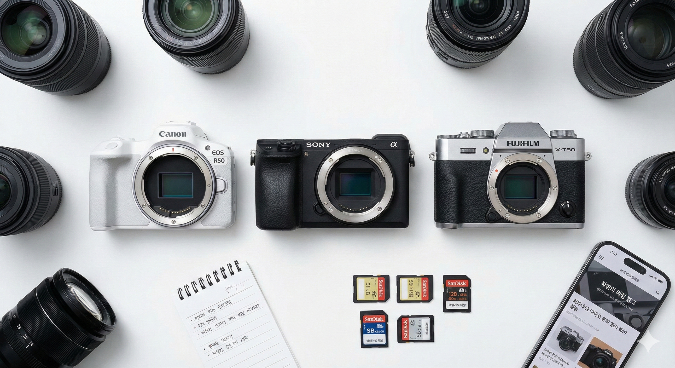 다양한 미러리스 카메라 몸체와 렌즈, 메모리카드