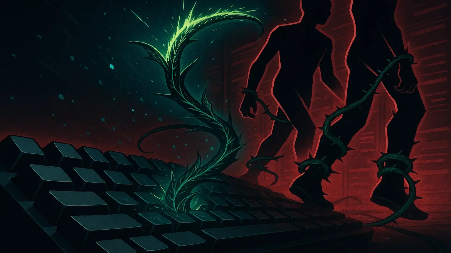 키보드 자판 위에서 뻗어 나온 덩굴이 사람들을 옭아매는 모습을 형상화한 이미지