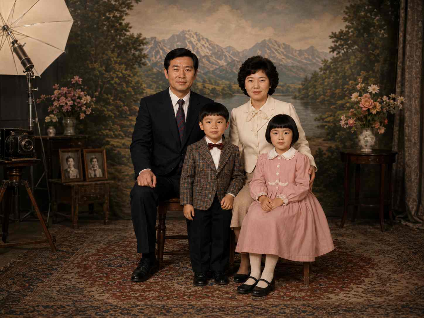 옛 사진관의 풍경화 배경 앞에서 정장과 단정한 원피스를 입은 부모와 두 아이가 나란히 정면을 바라보는 모습