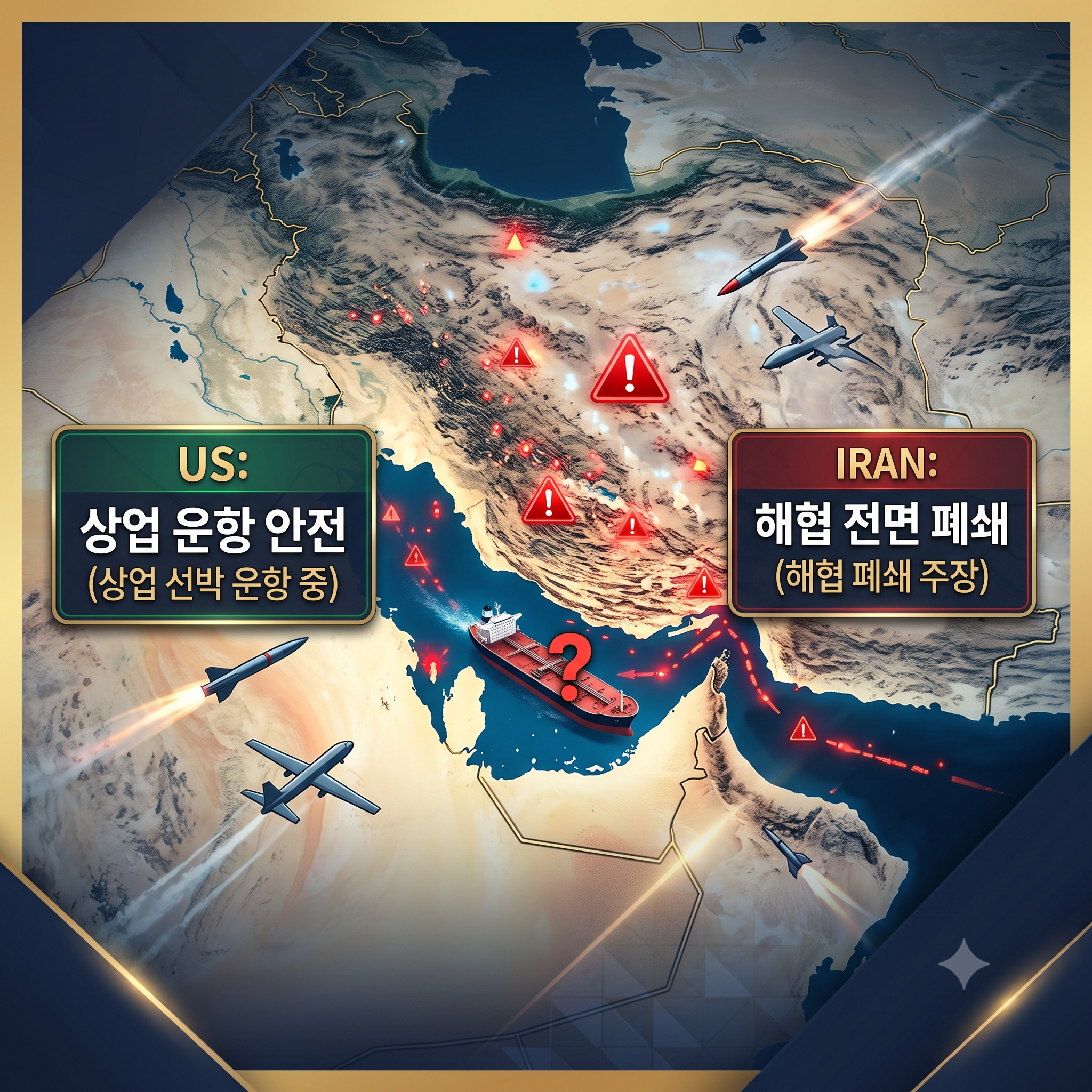 중동 지정학적 리스크 고조에 따른 호르무즈해협 지도 및 국제 유가 변동성 시각화 자료