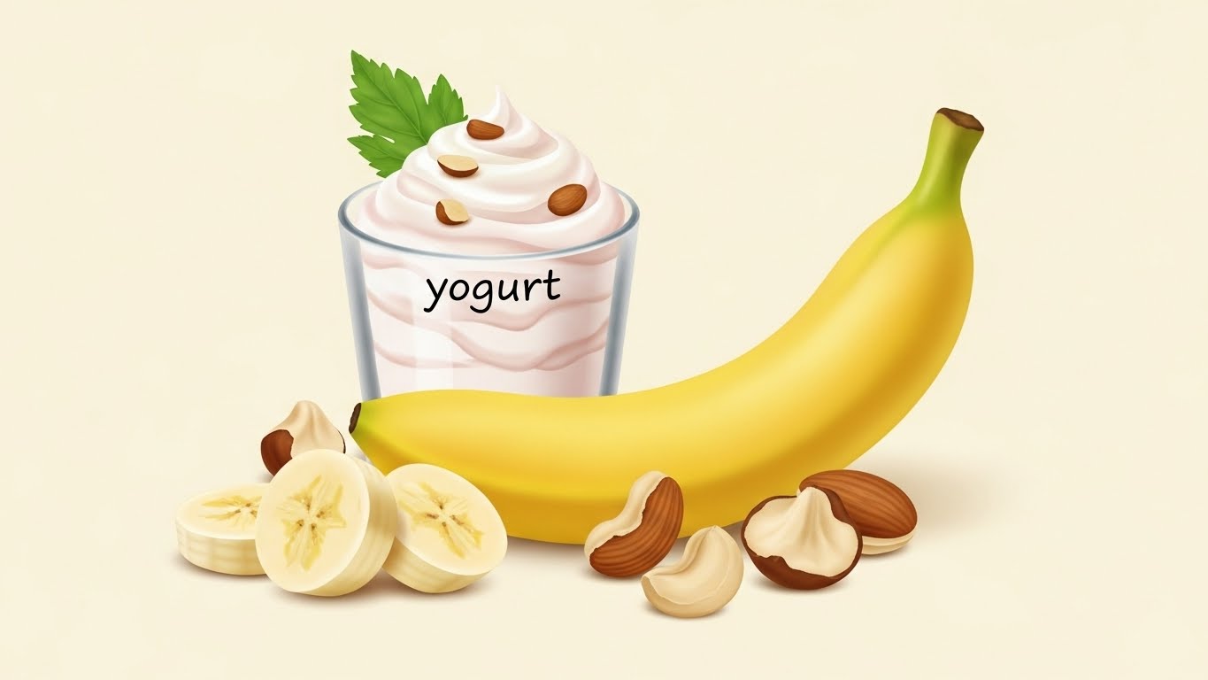 Light bedtime snack of yogurt, banana, and nuts, recommended for supporting stable blood sugar and better sleep.