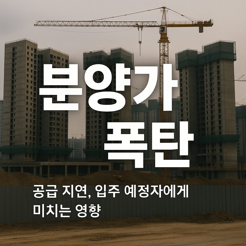 "3기 신도시 아파트 공사 지연 현장 배경 위에 굵은 글씨로 '분양가 폭탄', 작은 글씨로 '공급 지연, 입주 예정자에게 미치는 영향' 문구가 삽입된 이미지"