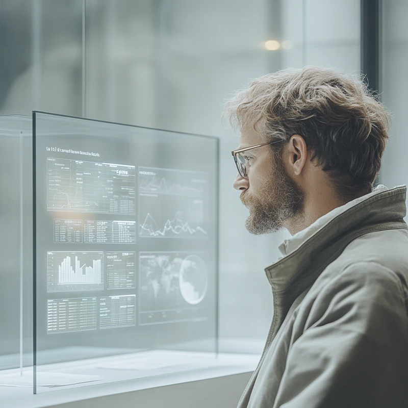 세련된 현대 사무실에서 금융 고문이 디지털 보드로 ETF 전략의 효율적인 비교 분석을 제시하며 재정 지도의 명료함과 전문성을 전달.