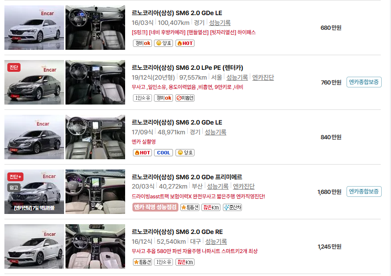 르노코리아 SM6 중고차 가격 시세표 유지비