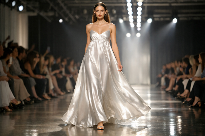 2026 런웨이에서 선보여진 우아한 엠파이어 웨이스트 라인 드레스 워킹.