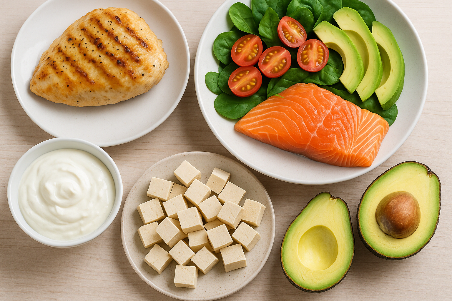 닭가슴살, 연어, 두부, 아보카도, 그릭 요거트 등이 깔끔하게 플레이팅된 음식 사진.