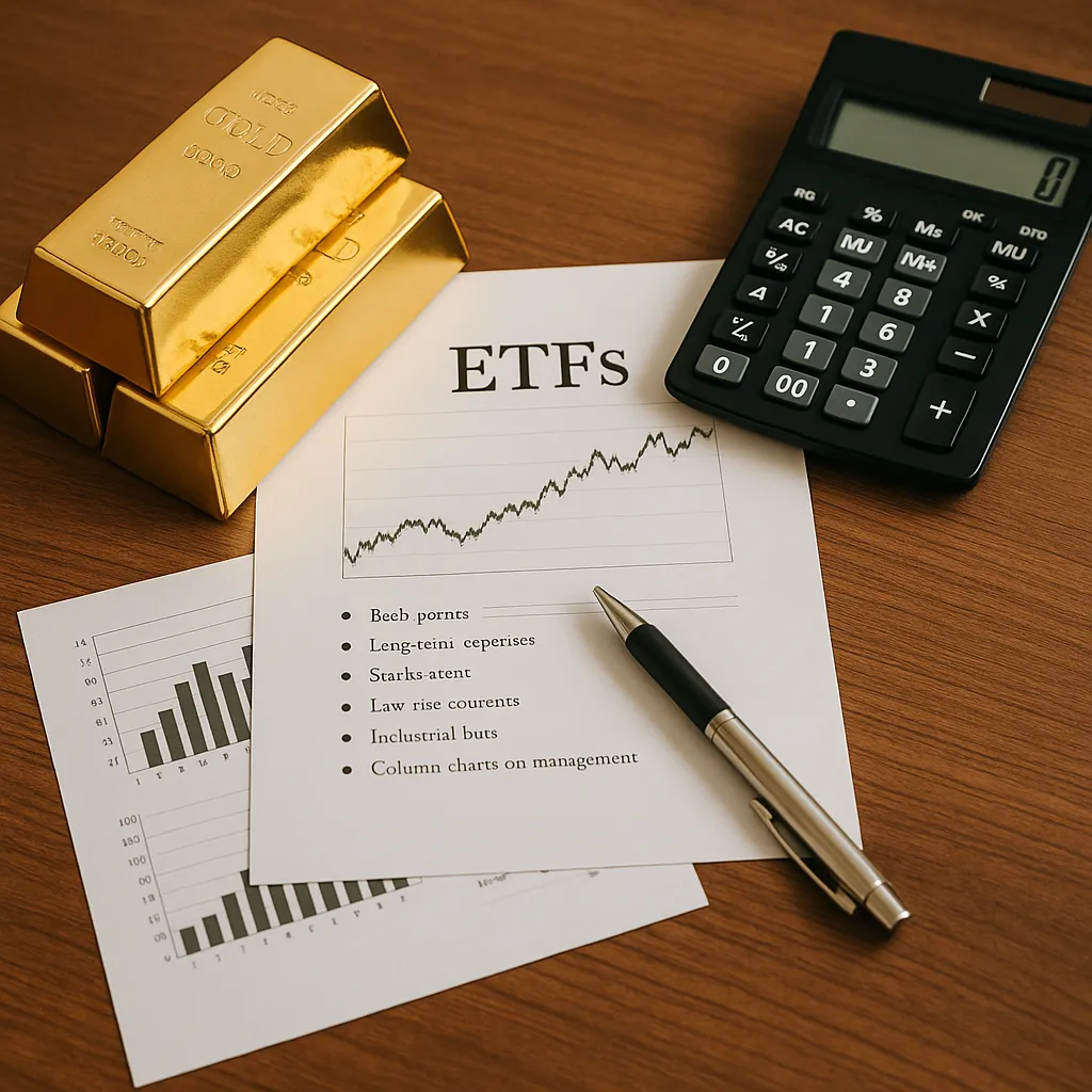 금괴와 ETF 서류, 계산기가 놓인 책상