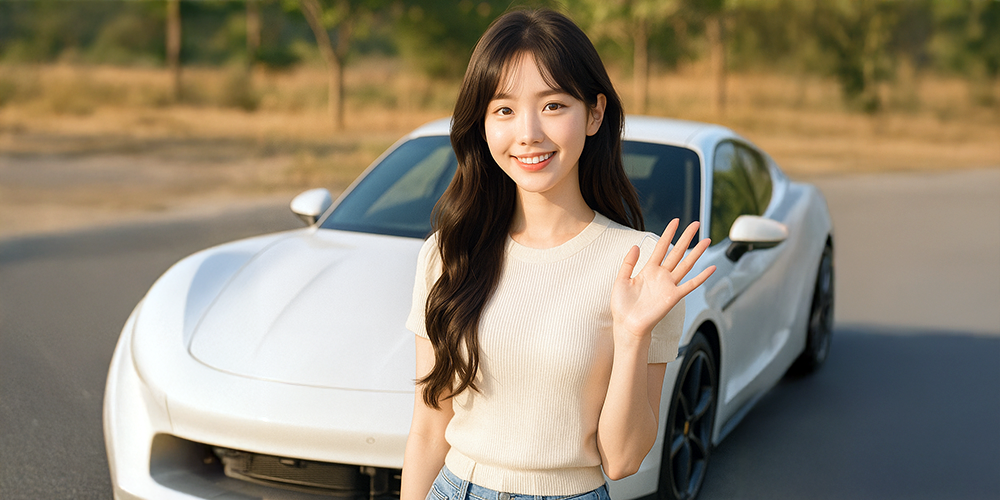 고급차를 타고 좋아하는 여성
