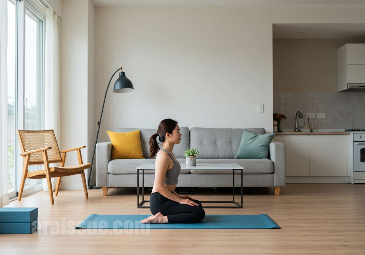 현대적인 거실에서 요가를 하는 한국 여성, 스트레스 해소와 건강 관리에 집중하는 모습