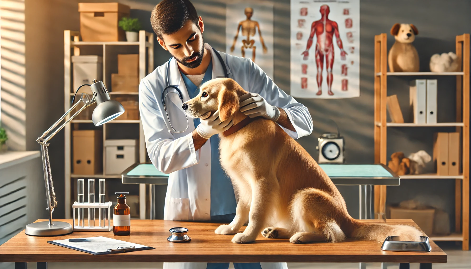 동물병원에서 검진받는 반려견 그림