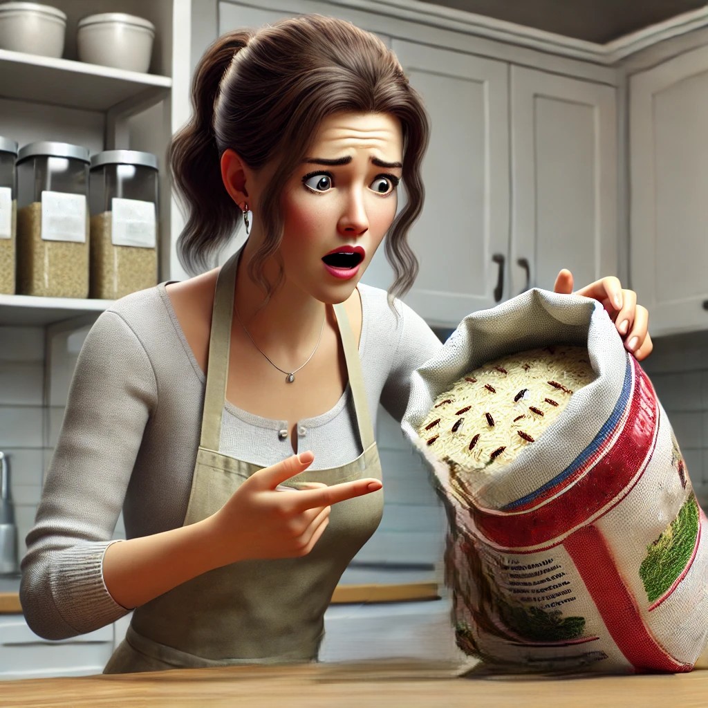 주부가 쌀바구미를 보고 놀라는 사진