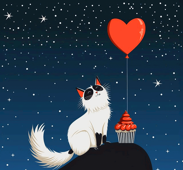 바위 위에 하얀 고양이가 앉아있다. 별이 빛나는 밤하늘엔 빨간 하트 풍선이 떠 있다.