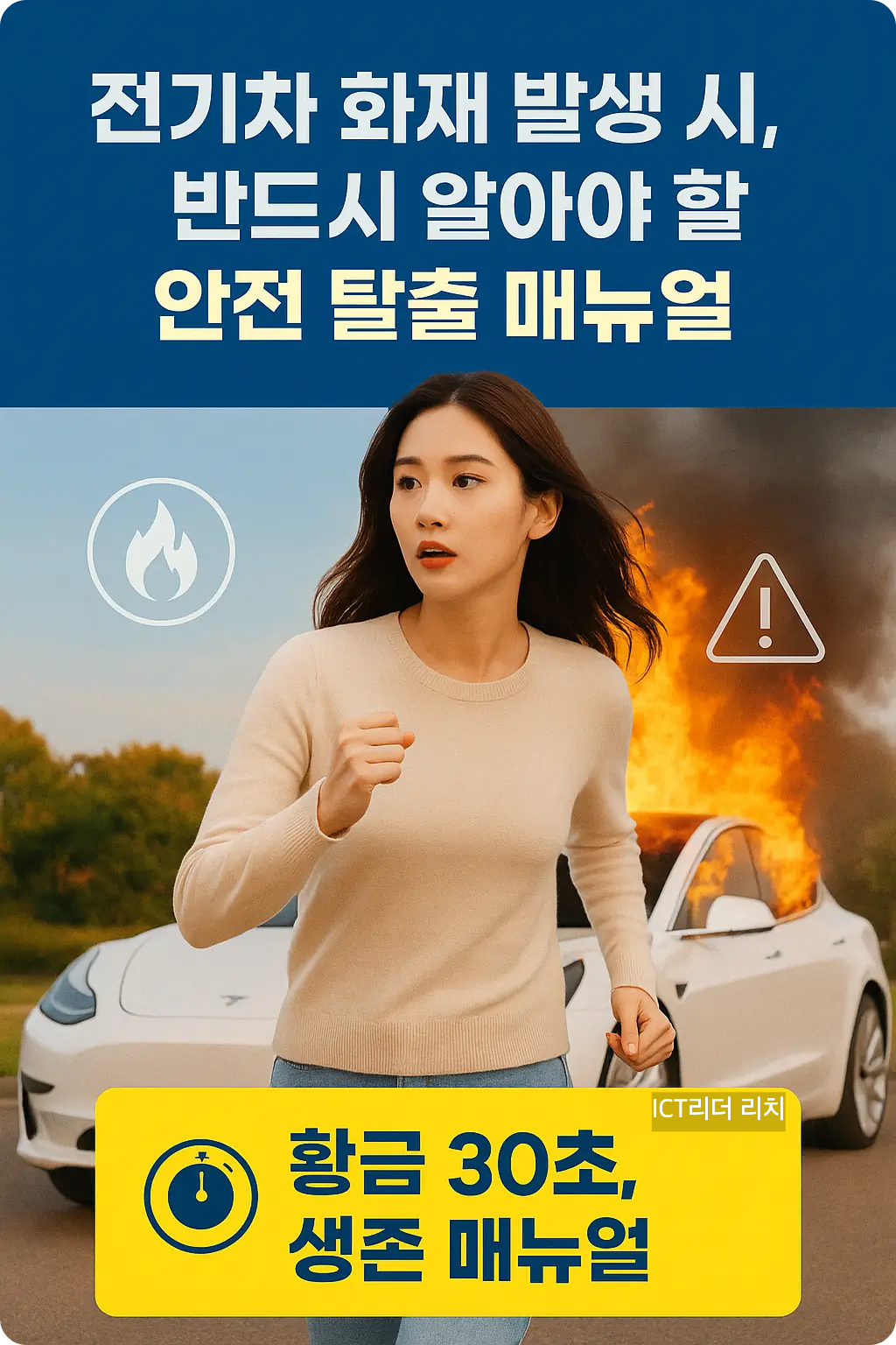 전기차 화재 발생 시 여성 운전자가 신속히 대피하는 모습을 담은 안전 탈출 매뉴얼 인포그래픽