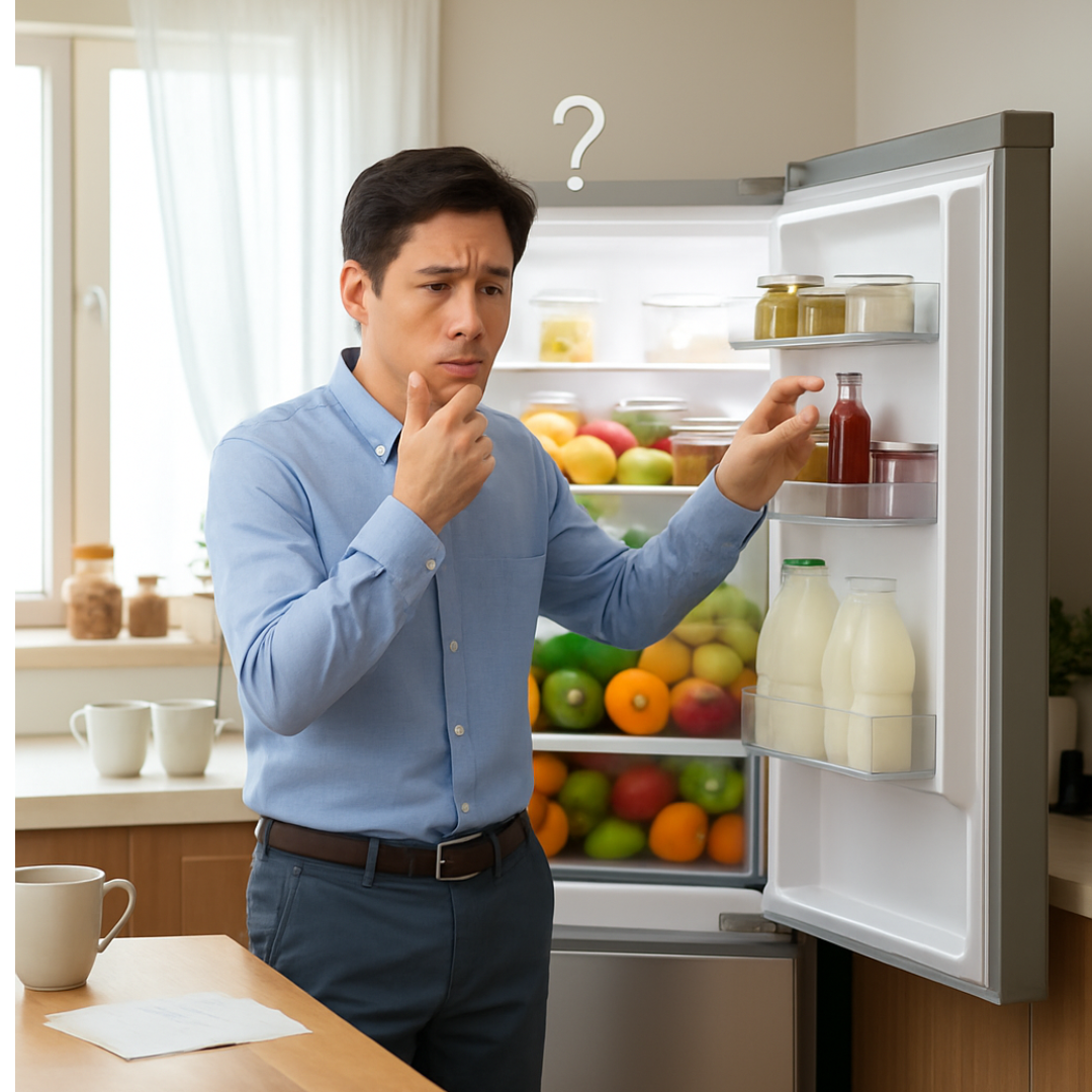 냉장고 문을 열고 무엇을 꺼내려 했는지 잊어버려 당황하는 40대 남성의 모습, 건망증과 초로기 치매의 초기 증상 묘사.