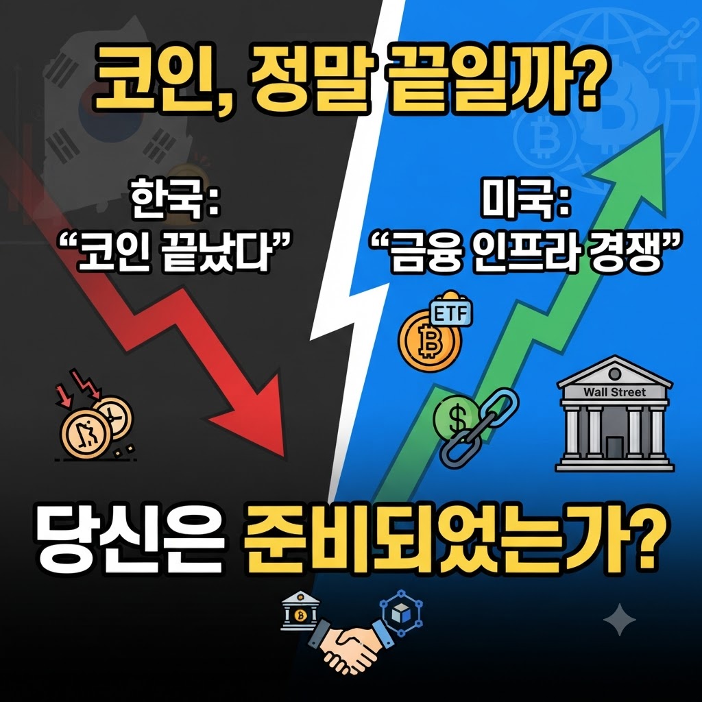 코인, 정말 끝일까? 한국의 코인 시장 침체 분위기와 미국의 금융 인프라 경쟁 시각을 대비하여 보여주는 블로그 썸네일 이미지