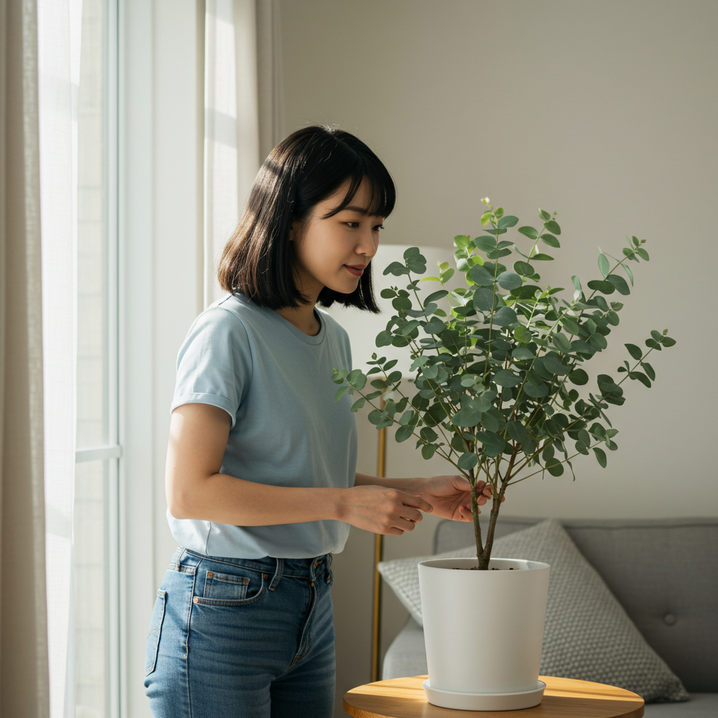 유칼립투스를 집안에서 기르는 여성