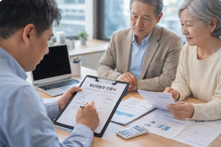 근로장려금 신청을 위해 상담사와 서류를 작성하는 중장년 부부