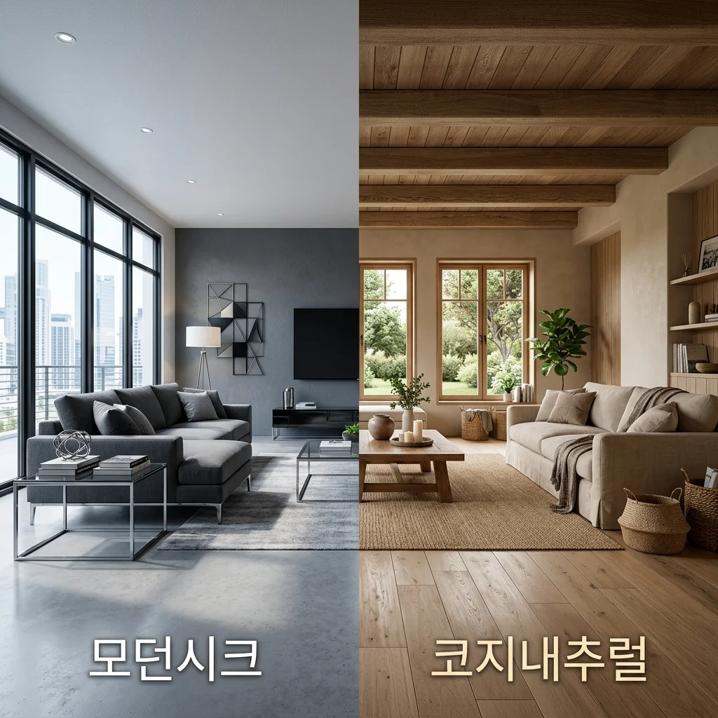 KCC글라스 홈씨씨 공간패키지에서 선택 가능한 차분하고 세련된 모던시크 스타일과 따뜻하고 편안한 코지내추럴 스타일의 거실 인테리어 비교 모습입니다.