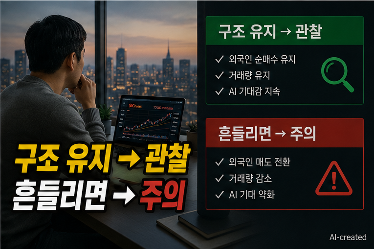 하이닉스 매도 시점 판단을 위해 거래량과 외국인 수급을 확인하는 흐름 이미지