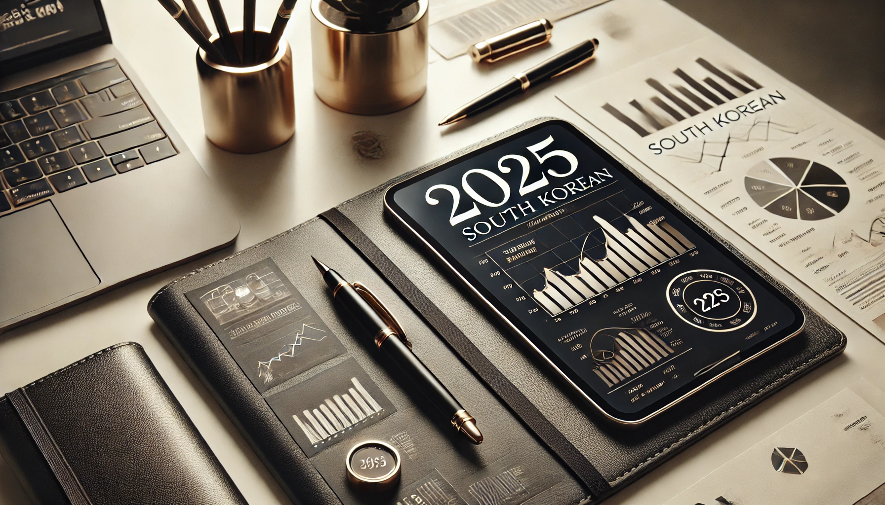 DALL·E 2025-04-25 14.47.50 - Stylish close-up image of a South Korean investor’s modern desk, showing 2025 stock investment documents, a digital tablet with graphs, and a high-end.webp