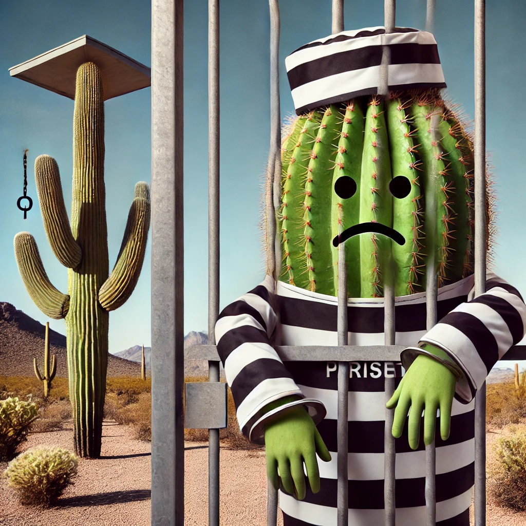죄수복을 입은 거대한 선인장이 감옥에 갇혀 있는 모습.